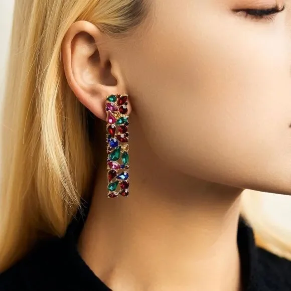 Yellow Gold with Multicolored Crystal Geometric Rectangle Post Back Earrings - Picture 4 of 6